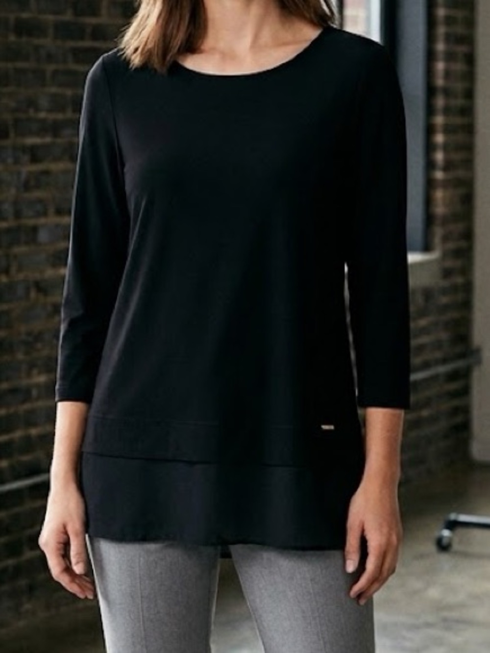 Calvin Klein Layered Hem Tunic Top Black Size M 3/4 Sleeve Chiffon Trim